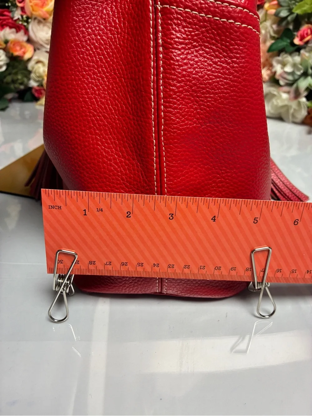 LAGGO Andrea Pebbled Leather Hobo Shoulder Bag Red Tassel Front Pockets Large
